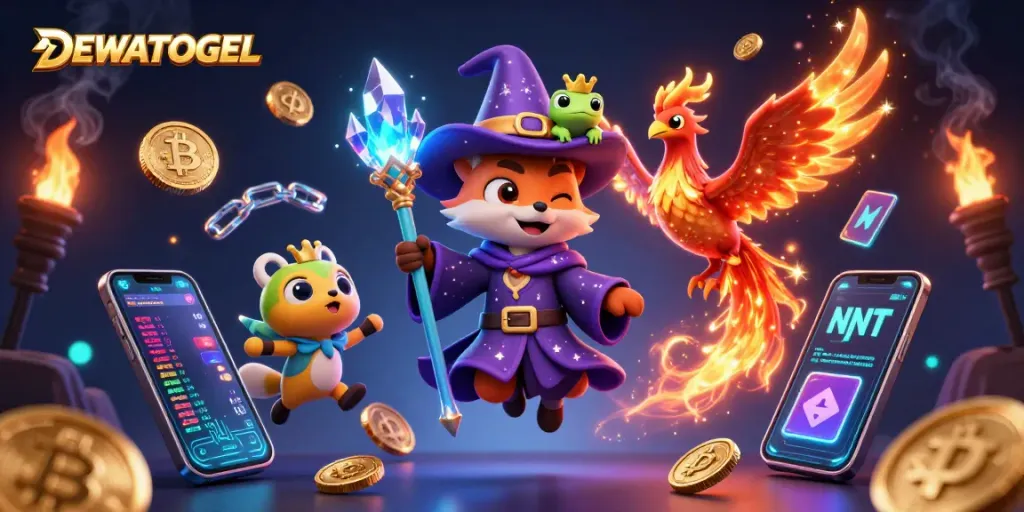 Engage with DEWATOGEL's vibrant atmosphere as a mystical wizard fox and phoenix bring gaming magic.