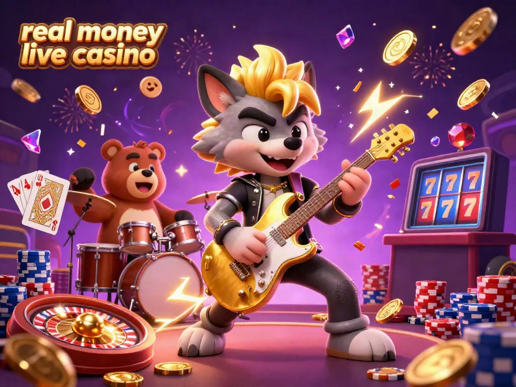 Experience the thrill of real money live casino with this vibrant 3D illustration of a rock star wolf and drummer bear.
