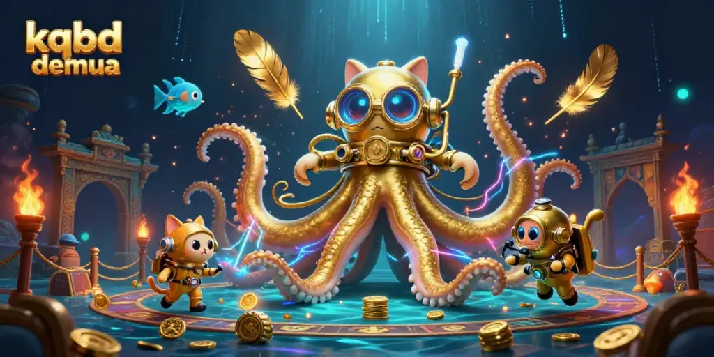 Visualize kqbd dem qua with a colossal kraken, diving cat, and glowing fish in a vibrant undersea gambling theme.