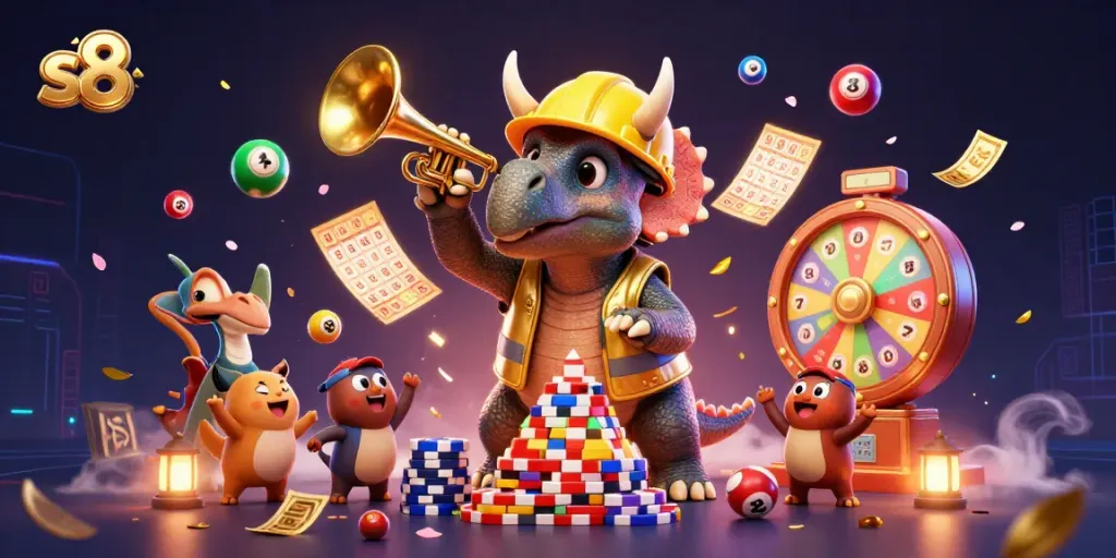 Experience the excitement of s8 gaming with vibrant lottery elements and whimsical dinosaur characters in a lively casino scene.